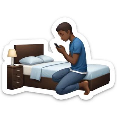 A Gen Z young person kneeling beside bed in bedroom at night praying, smartphone on nightstand, wearing casual clothes, dim lighting, posters on wall sticker