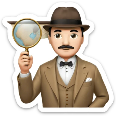 A cinematic-style frame showing Hercule Poirot in his iconic suit with a magnifying glass in a dramatic detective pose. Background should be mysterious city, map, a board with photos of suspects, clues like fingerprints. Transparent background. sticker