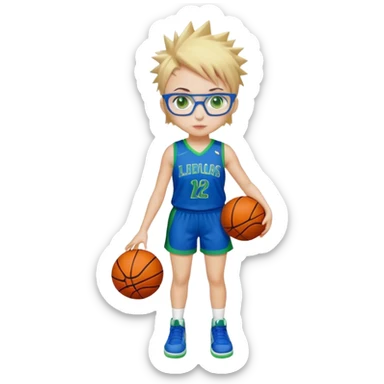 Full Body white plus size Girl with basketball spikey short brown and blonde hair  wearing blue glasses with green eyes wearing blue and green basketball uniform sticker