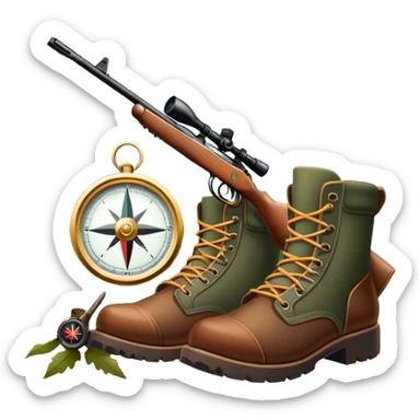 emoji for Hunting Tourism: a hunting rifle, hunting boots and a compass on a forest background, with a silhouette of wildlife in the distance. The icon should capture the adventure and connection with nature in hunting tourism. Transparent background. sticker