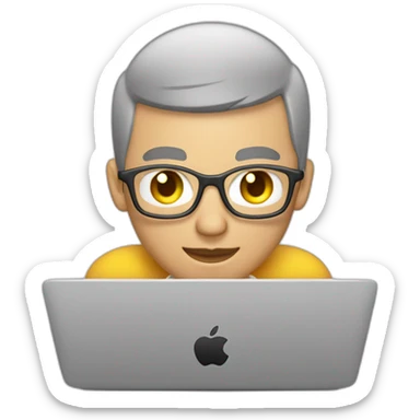 software engineer (white man, buzz cut hair, white gold earrings) in front of laptop, apple-style sticker