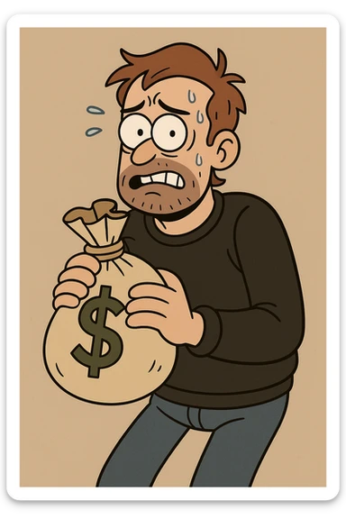 an unmasked man who just robbed a store, looking nervous, holding a bag of money, simple background, cartoon style sticker