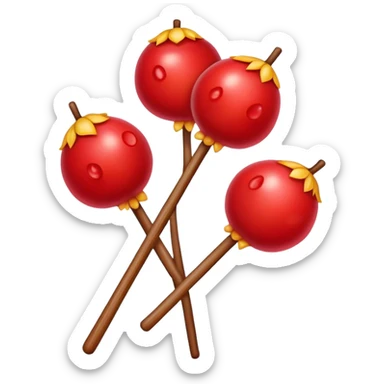 Candied hawthorn fruits on wooden stick Tanghulu, simplified emoji style with bold outlines and bright colors, cartoon style shiny red Chinese sweet sticker