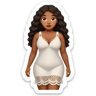 Curvy woman with brown skin with long wavy black hair, brown eyes. She's wearing a white crotchet dress standing on a beach sticker