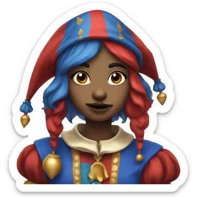 Pomni a female jester with red and blue jester clothes with a sad face sticker