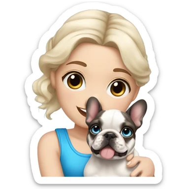  Girl light-skinned and fair-haired blue eyes with a French bulldog merle puppy sticker
