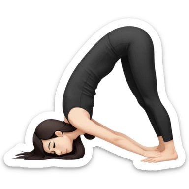 Девушка белокожая в позе собака мордой вниз, с длинными темными волосами, в коротком белом топе, в черных лосинах, с черными ресницами sticker