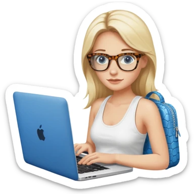 long blonde hair woman blue eyes with tortoise shell print glasses wearing white tank top on mac book with a white crocodile patterns laptop case  sticker