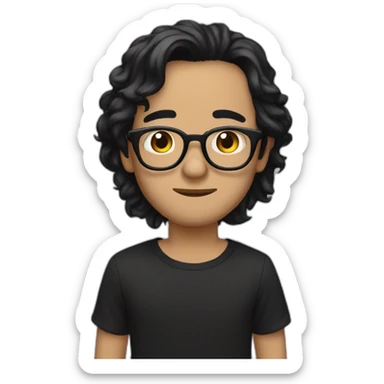 Beige guy, black eyes, black long wavy hair, no facial hair, thin long nose, round glasses, black t shirt sticker