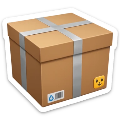 simple package, brown cardboard box with tape, stylized sticker