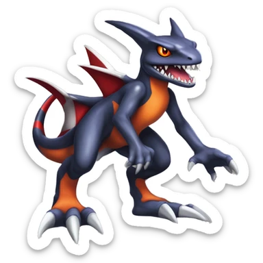 Black, Red, Orange, Beige, Modern, Cool, Edgy, Badass Punk-style Garchomp-Charmeleon-Sergal Fakémon-Digimon with sharp edgy striking detailed stripe-markings,  full body sticker