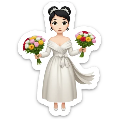 Chica blanca,cuerpo entero, vestido fiesta blanco ,manga larga ,con estola, pelo negro,    ramo de flores una mano, pelo recogido en moño alto sticker