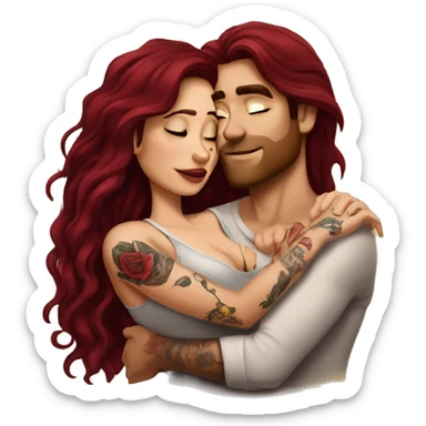 Beautiful tattooed burgundy long haired woman laying on the boyfriends chest sticker