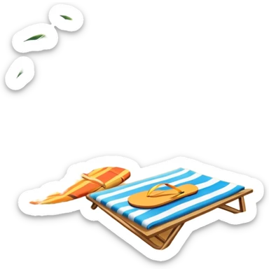 Icon for Beach Tourism: with the blue ocean, orange sunset, yellow sand beach and palm trees in the background, a sun umbrella, flip-flops, and a beach towel on the sand. The icon should represent relaxation and fun at the beach. Transparent background sticker