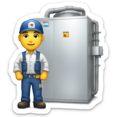 Make an emoji where a man in working clothes stand in front of a big hvac air handler like what they use in factories sticker