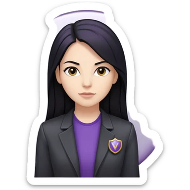 MULHER BRANCA, CABELO LONGO LISO E PRETO, CAMISA CINZA, JAQUETA PRETA E CRACHA ROXO DA VIVO sticker