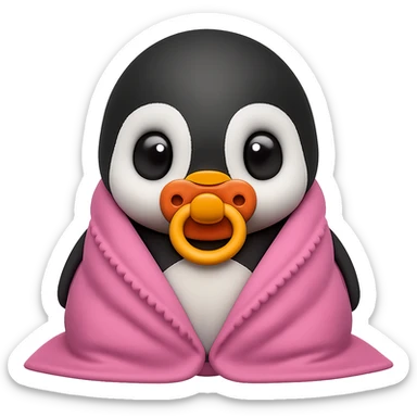 Add a pacifier to the baby penguin covered with a pink blanket, keeping the emoji style look. The background should be removed, focusing on the baby penguin with the pacifier and pink blanket in an emoji style. sticker