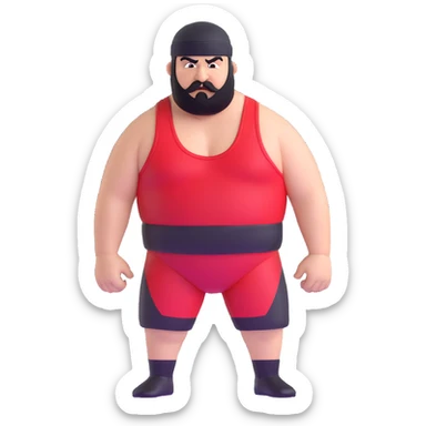 White skin fat guy with prominent black durag, short black beard and mustache, black eyes in a red and black wrestling singlet with angry face sticker