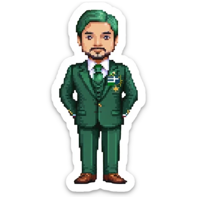 Pakistani diplomat in formal attire with Pakistan flag colors sticker