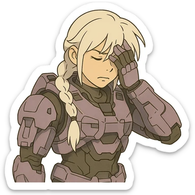 female, wearing reach spartan armor shoulder-unequip, long white braid hair with massive messy front side single bangs, gold yellow eyes, attention pose, D-cup size, HALO:series, no helmet, the armor is lavender color scheme, facepalm, smh, eyes closed sticker