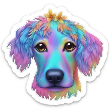 Multicolored rainbow retro groovy tie dye hippie trippy floral patterns on a metallic holographic iridescent blue dog face head unicorn sticker
