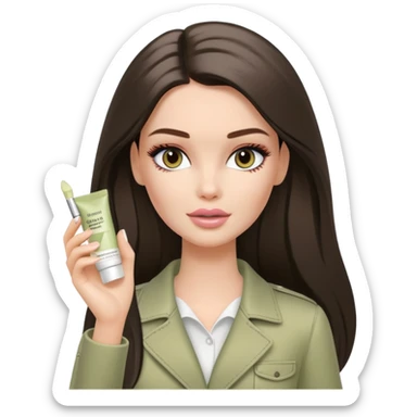 A white Barbie girl with long dark brown straight hair in pale olive clothes smears by hand cosmetic cream on her face sticker
