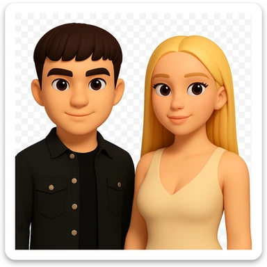 Slightly increase the volume of the upper body of the girl, spread them far apart from each other, make the skin color the same for both characters, keep the cartoonish 3D style, and keep the background transparent. The original style is cartoonish 3D style, please maintain that look. sticker