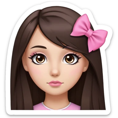 pretty bratz baddie, long straight hair brunette baddie with eyeliner and brown eyes and small pink bow sticker