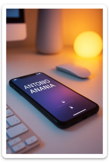 A photo of an iPhone on the desk with the message "Antonio Anania" on its screen, The phone sits atop a desk with a blurred background that suggests work environment. A faint glow from above casts gentle shadows across the surface of each object, creating depth and highlighting their textures sticker