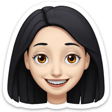woman with gray skin and black hair and a creepy face with white eyes and a droopy smile sticker