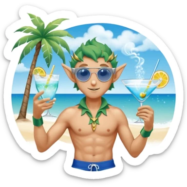 elf male in stylish blue swim trunks, palm extended over cocktail glass, conjuring swirling frost and mist to chill it, silver aviator sunglasses, pointy ears, confident smirk, minimalist beach bar backdrop, centered emoji, summer magic sticker