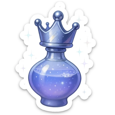 galutinis itin prabangus itin mažas eliksyro buteliukas, įkvėptas karūnos: viršuje karūnos forma, spalva #7986cb, apačia sklandžiai pereina į apvalų, uždarą buteliuką (ne plokščia, ne stiklinė), visas buteliukas atrodo tarsi sklandytų ir suktųsi ore, elegantiškos sidabrinės ir holografinės detalės, magiški švytėjimai ir blizgesiai, labai mažas kaklelis, vientisa apvali apačia, skaidrus fonas, be pagrindo ar šešėlio, modernus, kolekcijai tinkamas, dar mažesnės proporcijos sticker