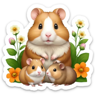 Icon for Hamster and Guinea Pig: A portrait-style collage with a fluffy hamster with soft fur, looking curious, and a friendly guinea pig with long, smooth fur, both on a soft green background with flowers and soft light. Transparent background. sticker