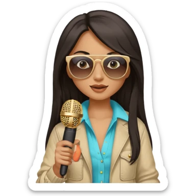 dark long haired woman with summer clothes and sun glasses holding microphone sticker