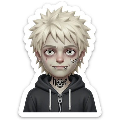 boy zombie japan spiky long platinum gold hair, hoodie zip is vignette skull wear piercings tatto "hope" sticker
