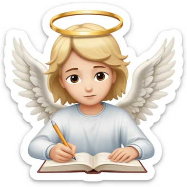 Person writing essay with "Dear God" with halo and angel wings sticker