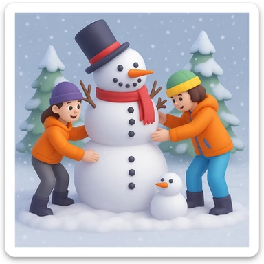 Add a snowy background behind the kids building a snowman, keep the original 3D emoji style sticker