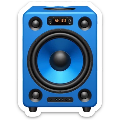 Vector style emoji, large subwoofer speaker with visible vibrating sound waves, electric blue lightning bolts popping out, flat design, bold outlines, white background. sticker
