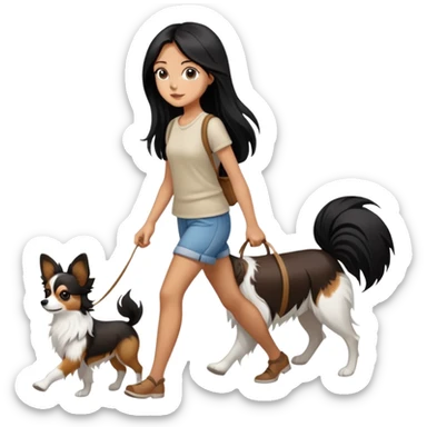 A girl with long black hair is walking a papillon dog, brown and white sticker