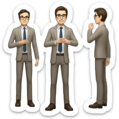 Full height Actively gesturing with hands Pale skinned fit man with dark brown hair in gray jacket, beige office shirt, brown tie, brown pants and vintage glasses. sticker