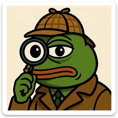 Pepe the Frog as a detective with a magnifying glass, meme style sticker