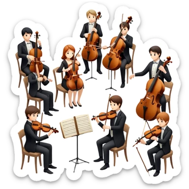 Icon for Classical Music: chamber orchestra with 4-5 musicians playing string instruments (violins, violas, cellos) and a conductor leading the ensemble. The intimate, refined atmosphere. Transparent background. sticker
