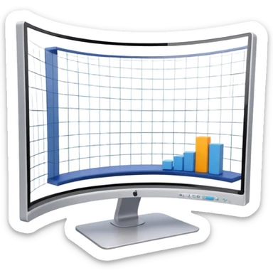 Create an emoji for 3D visualization and modeling. Show a 3D object like room model with grid lines on a big curved monitor. and a modeling tool (e.g., a mouse or stylus). Use modern, professional colors. Do not include any emojis or smiley faces. Make the background transparent. sticker