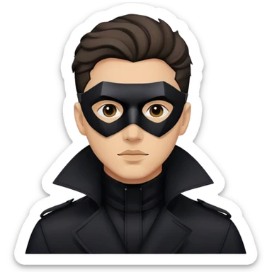 man with a black trench coat and a black geometric mask sticker