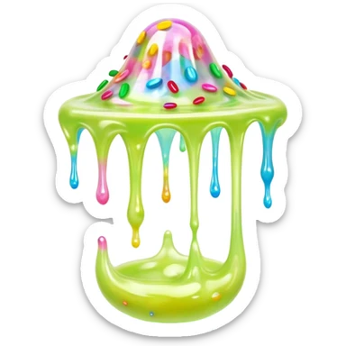 Cinematic Realistic Clear Slime Mixed with Sprinkles, ultra-transparent with suspended colorful candy-like specks, light refracting through each tiny piece, soft gelatinous texture catching highlights, stretching and bending in a mesmerizing way, glowing with a magical, almost surreal quality. sticker