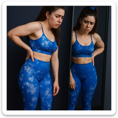 Slim woman in 4K, in front of a mirror, observing her crooked posture, one hand on lower back, worried and slightly pained face, inspired by the reference photo. sticker