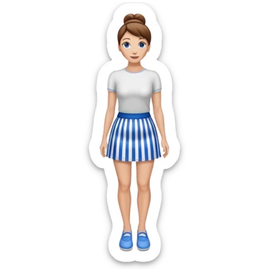 Pretty 50-year-old woman with 1 miniskirt that is blue and white striped brown hair in bun blue eyes and pretty legs sticker