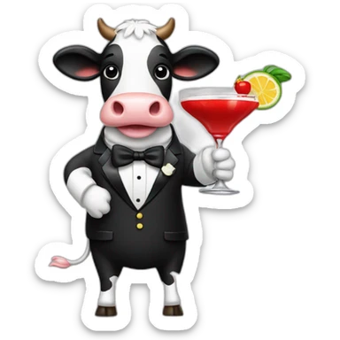 cow wearing a tuxedo holding up a red daiquiri sticker