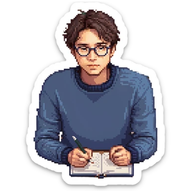 Flat pixel are, calm and curious male thinker, light skin, short tousled dark hair, round glasses, focused expression, wearing an indigo sweater, seated at a desk with open books, one hand resting under his chin in thought, waist-up, front-facing sticker