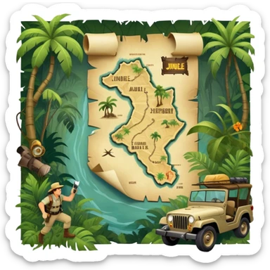A vintage movie poster-style collage. Include action-packed elements like a treasure map, jungle scenes, a rugged explorer with a compass and a speeding jeep. Add a shadowy figure resembling close-up Mark Wahlberg in adventurous gear. Jungle background. Transparent background. sticker